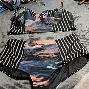 torrid Black Striped Bikini with Pastel Wave Print (Pink, Blue, Purple)